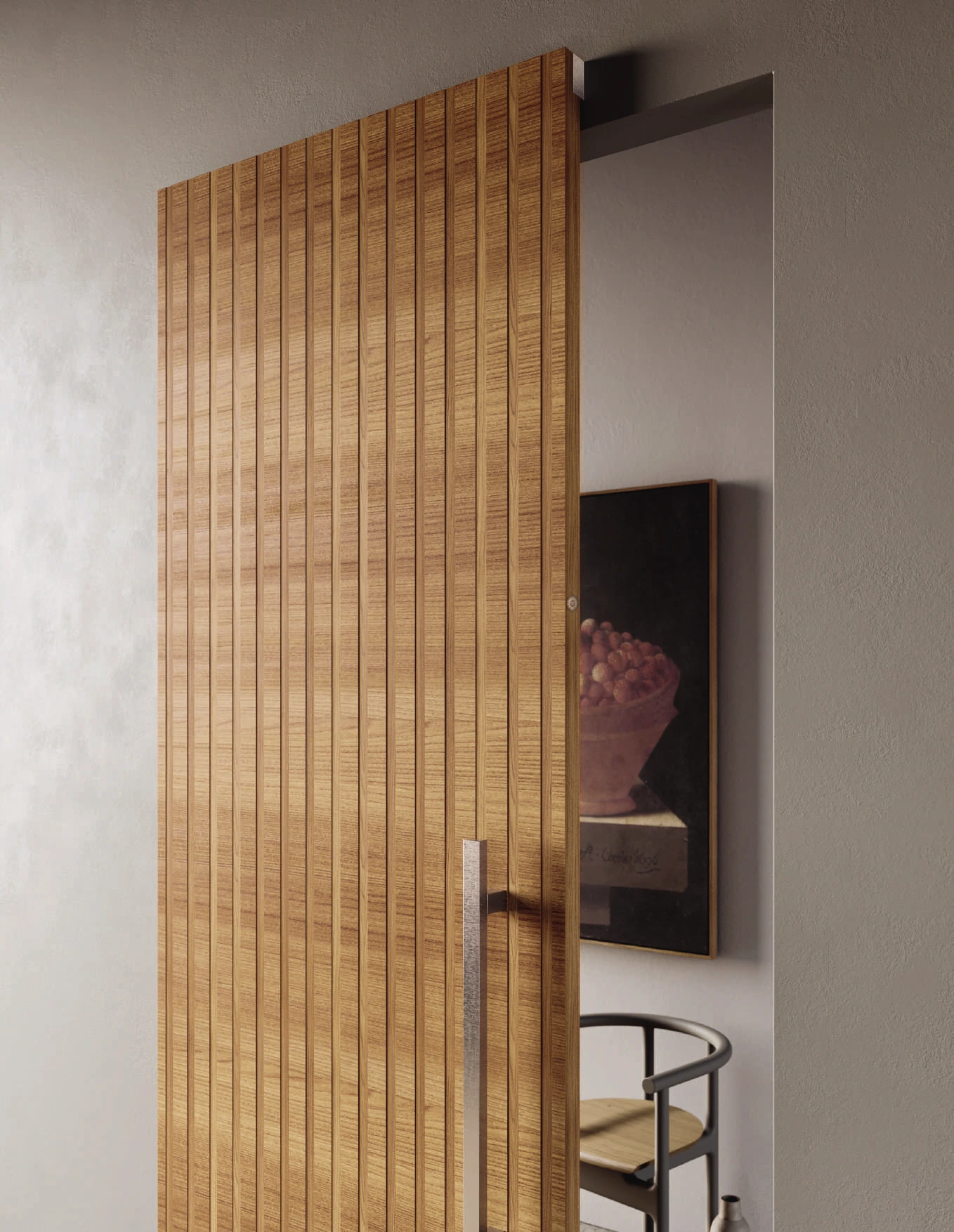 Bertolotto Intalya: angled view of the tall sliding oak door