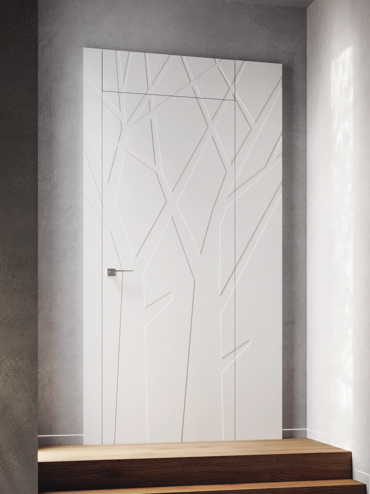 Bertolotto Arnaudo: white branch-pattern door beside a stair