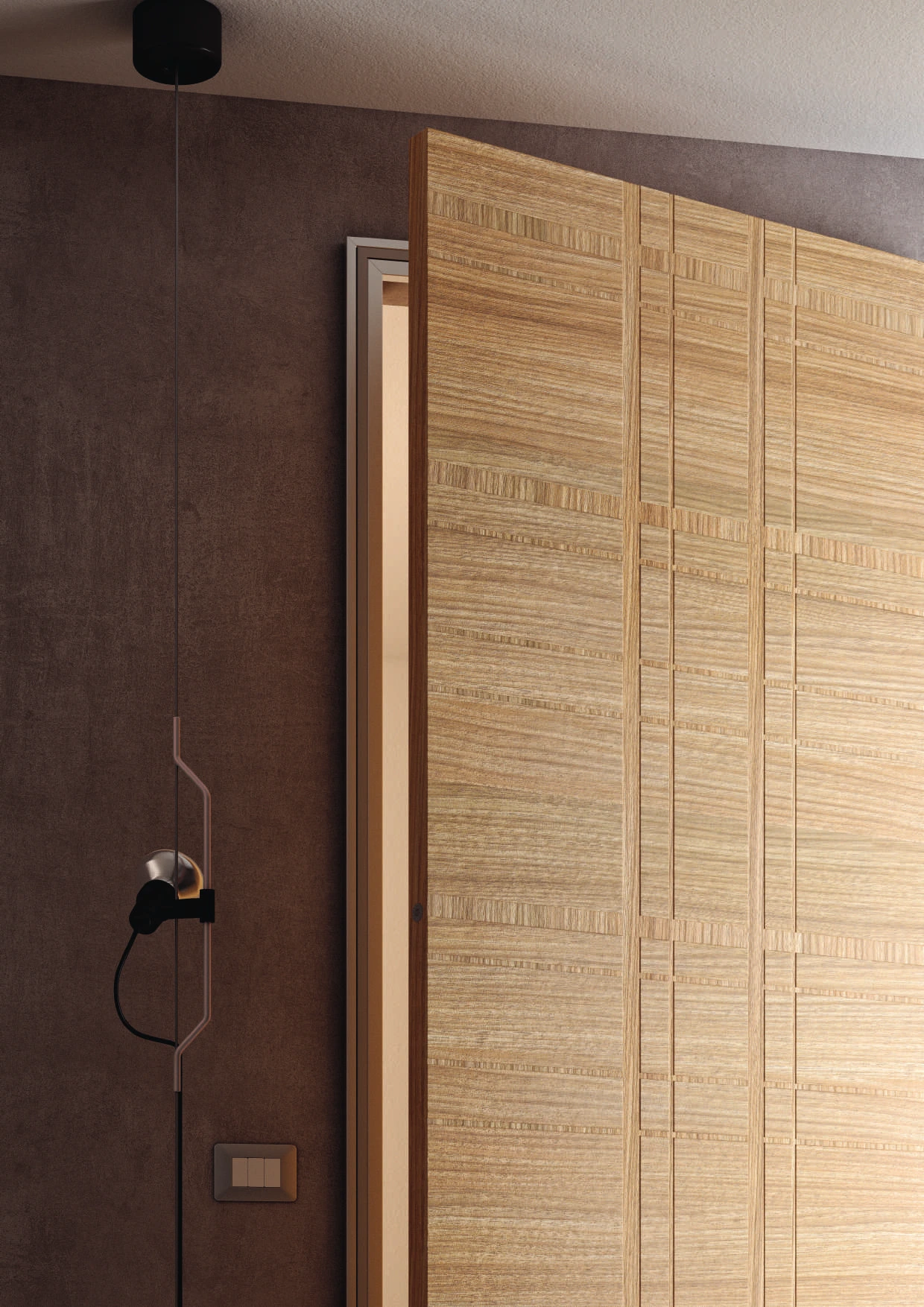 Bertolotto Intalya: full-height grid-pattern oak door open
