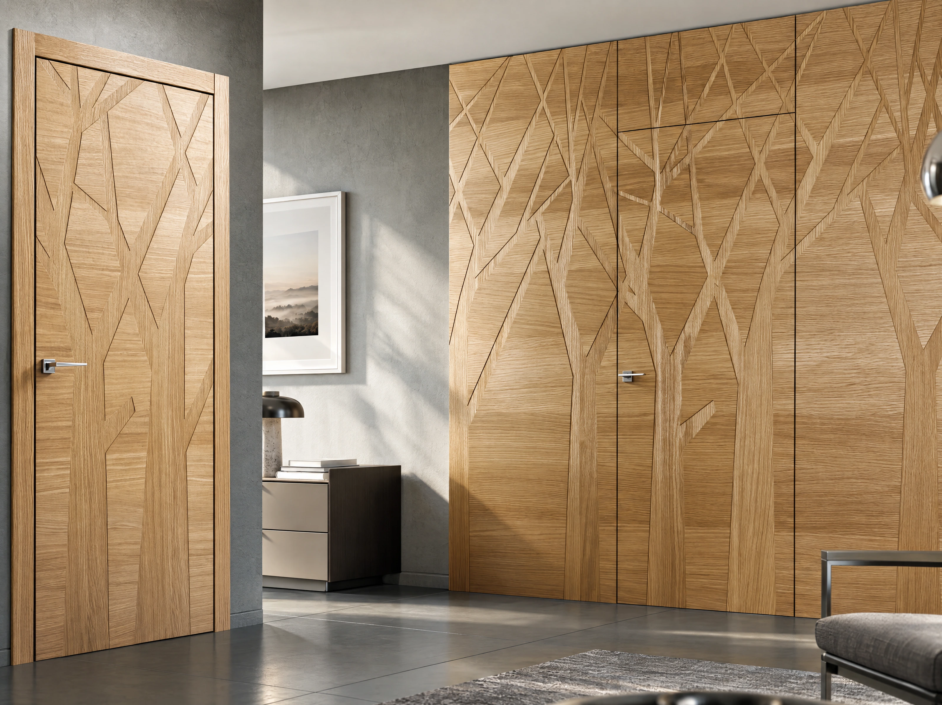 Bertolotto Intalya: branch-pattern oak doors and coordinated panelling