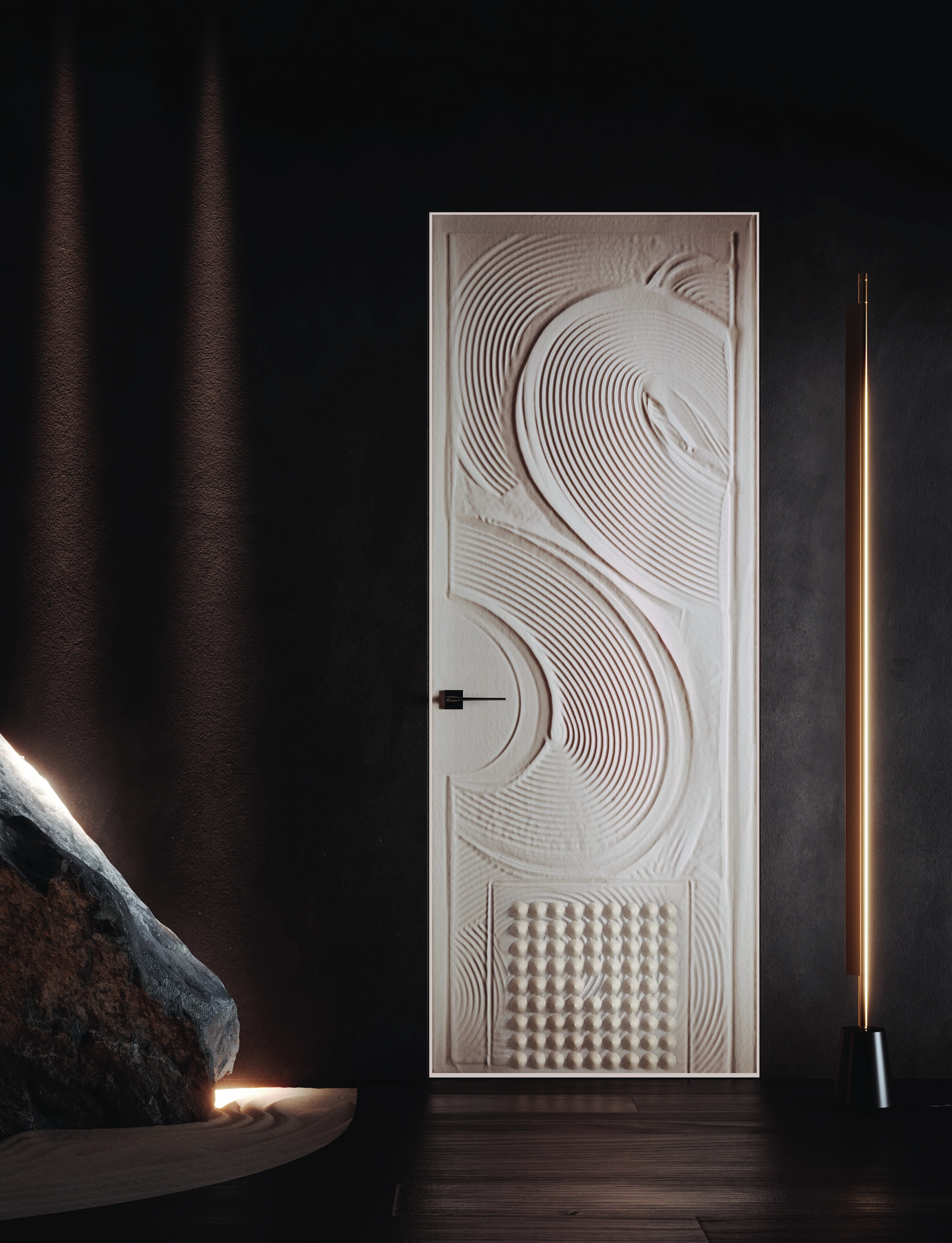 Bertolotto Casa Zen: white sculpted door against a dark wall
