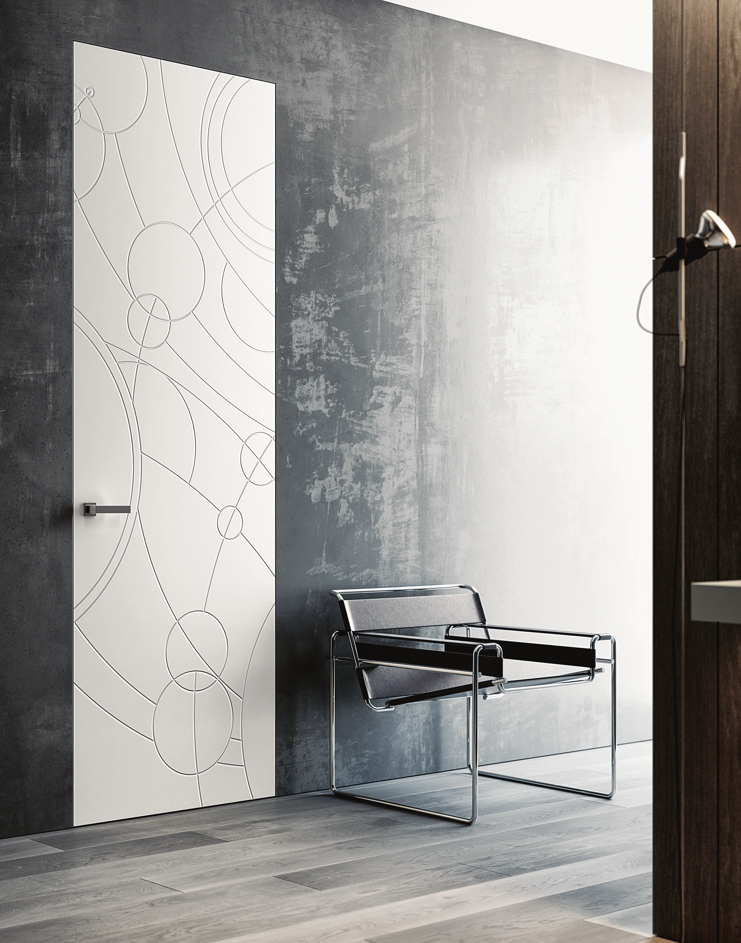 Bertolotto Costellazioni: white circular-pattern door against a dark wall