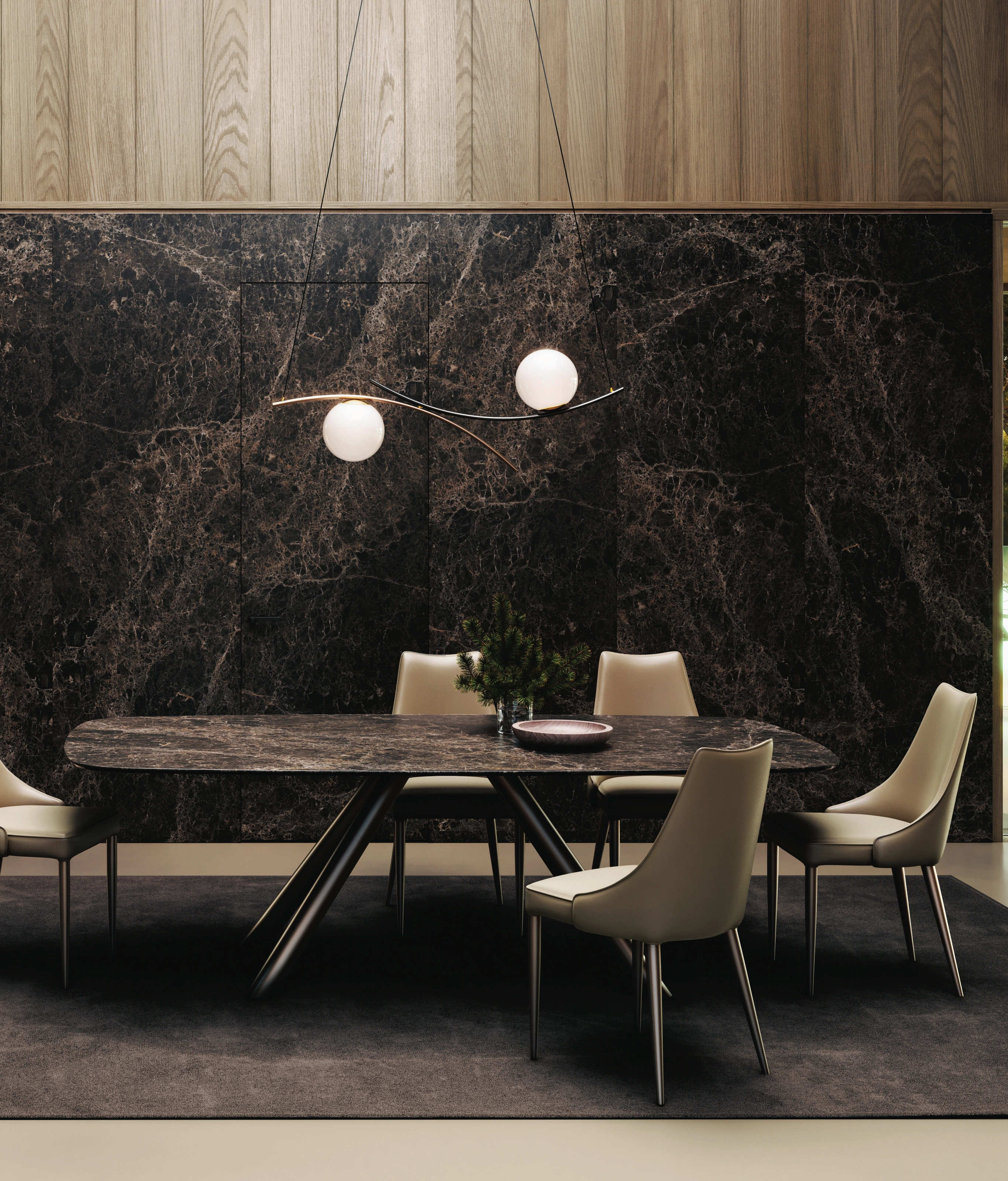 Bertolotto Fusion: ceramic boiserie across the dining-room wall