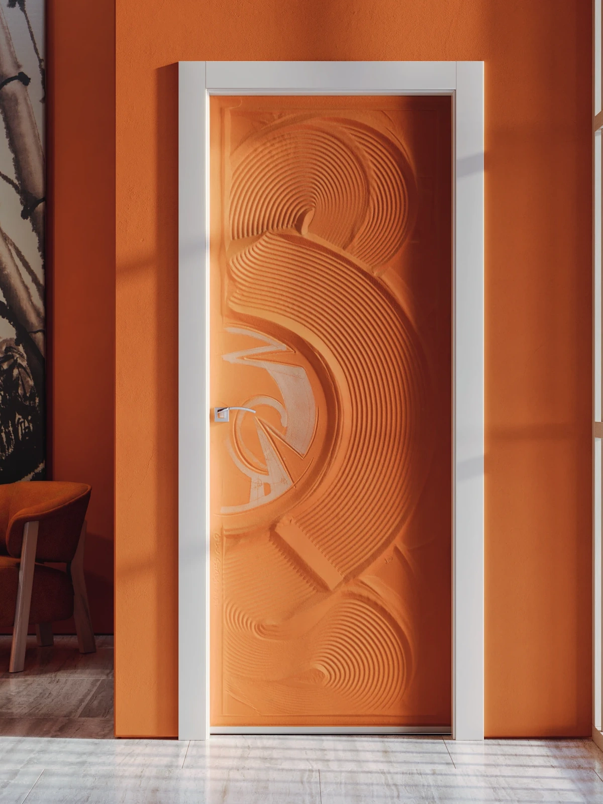Bertolotto Casa Zen: orange sand-sculpted door in an orange interior