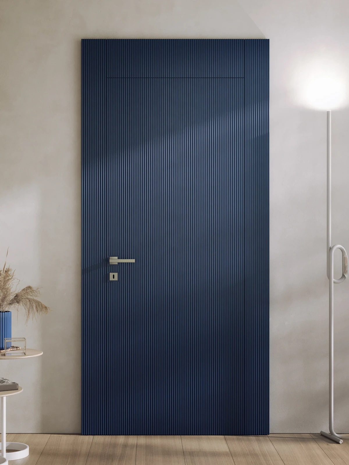 Bertolotto Millerighe: blue lacquered door with fine vertical grooves