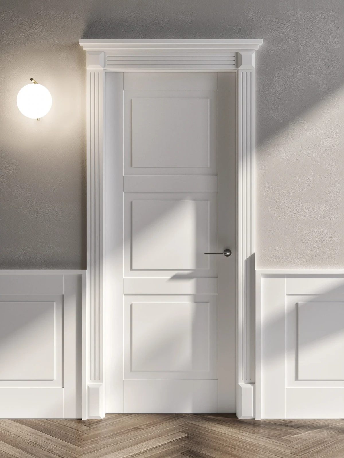 Bertolotto Panto Quadra: white door with stacked square-edged panels and boiserie