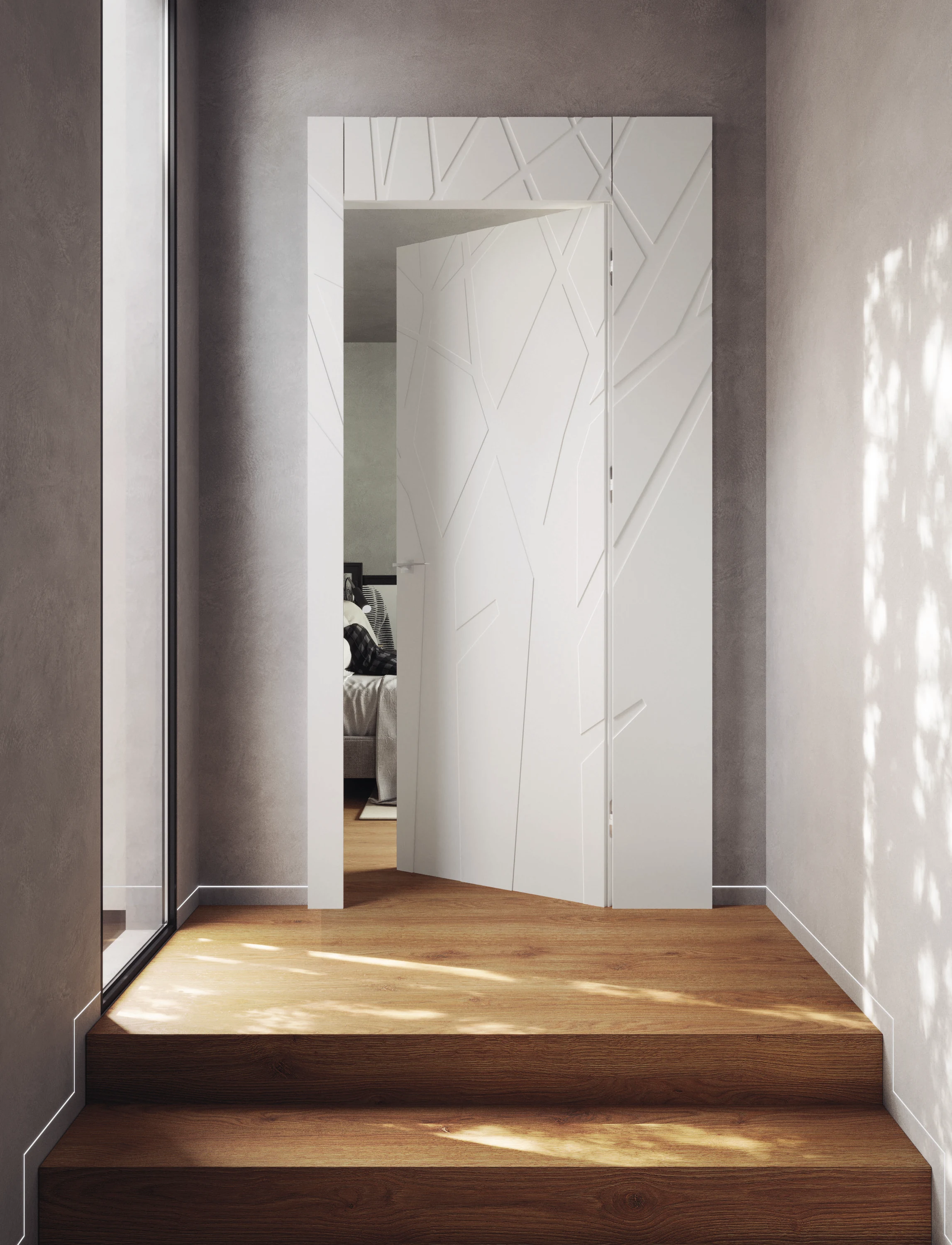 Bertolotto Arnaudo: branch-pattern door open beside a stair