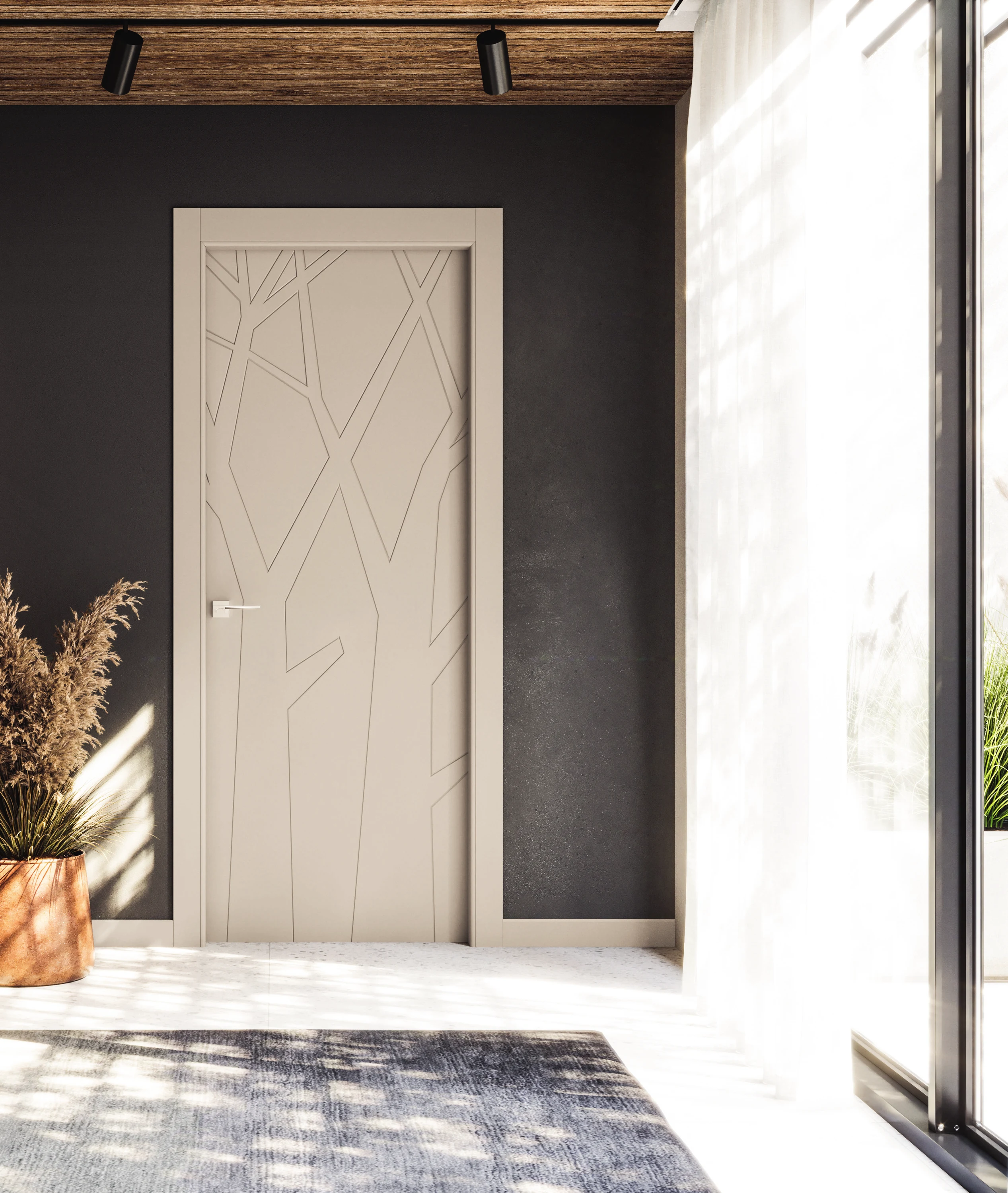 Bertolotto Arnaudo: white branch-pattern door beneath a timber ceiling