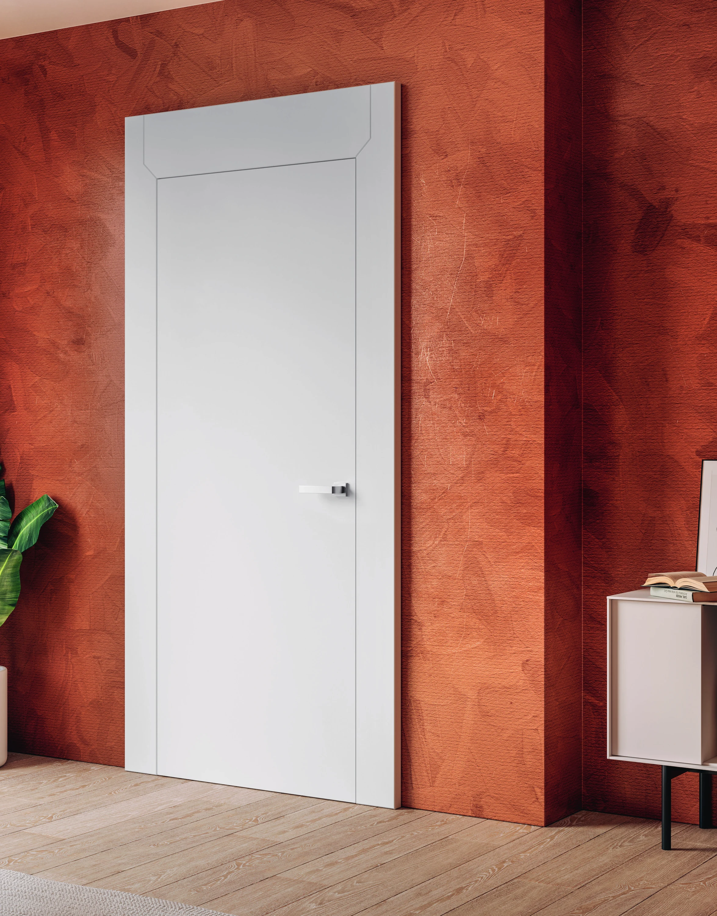 Bertolotto Aurea: white door and broad surround against a terracotta wall