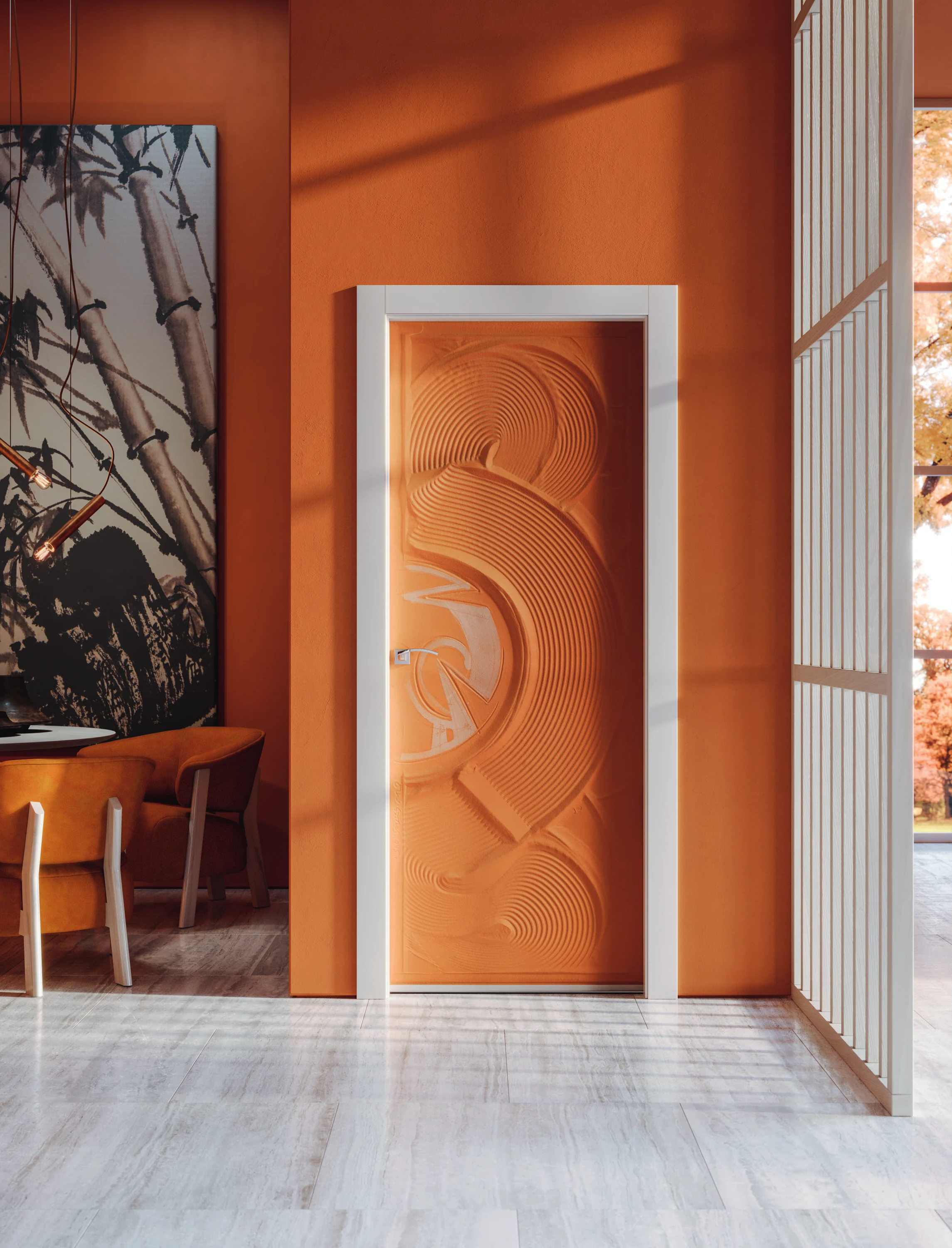 Bertolotto Casa Zen: orange sand-sculpted door in an orange interior