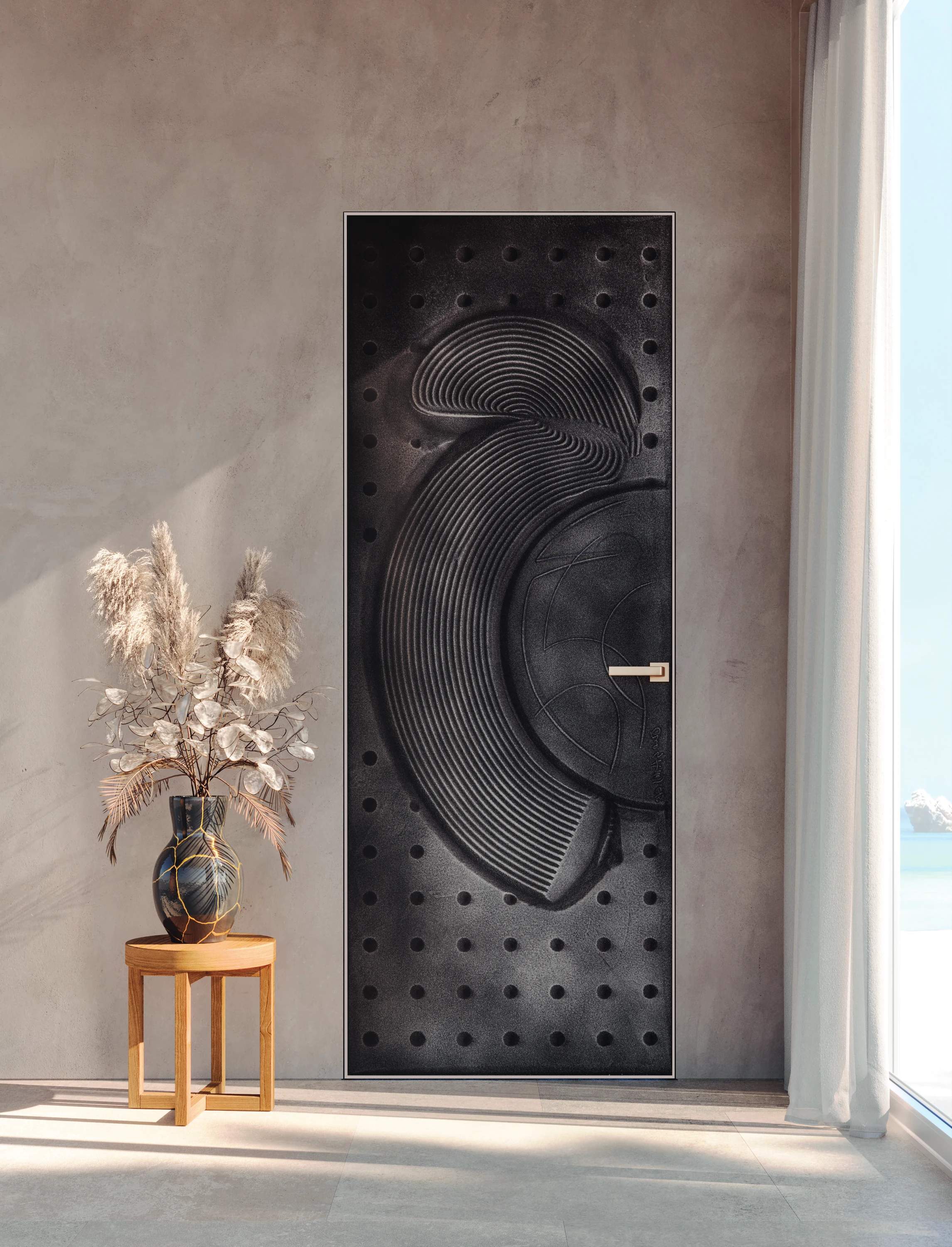 Bertolotto Casa Zen: black sand-sculpted door in a room