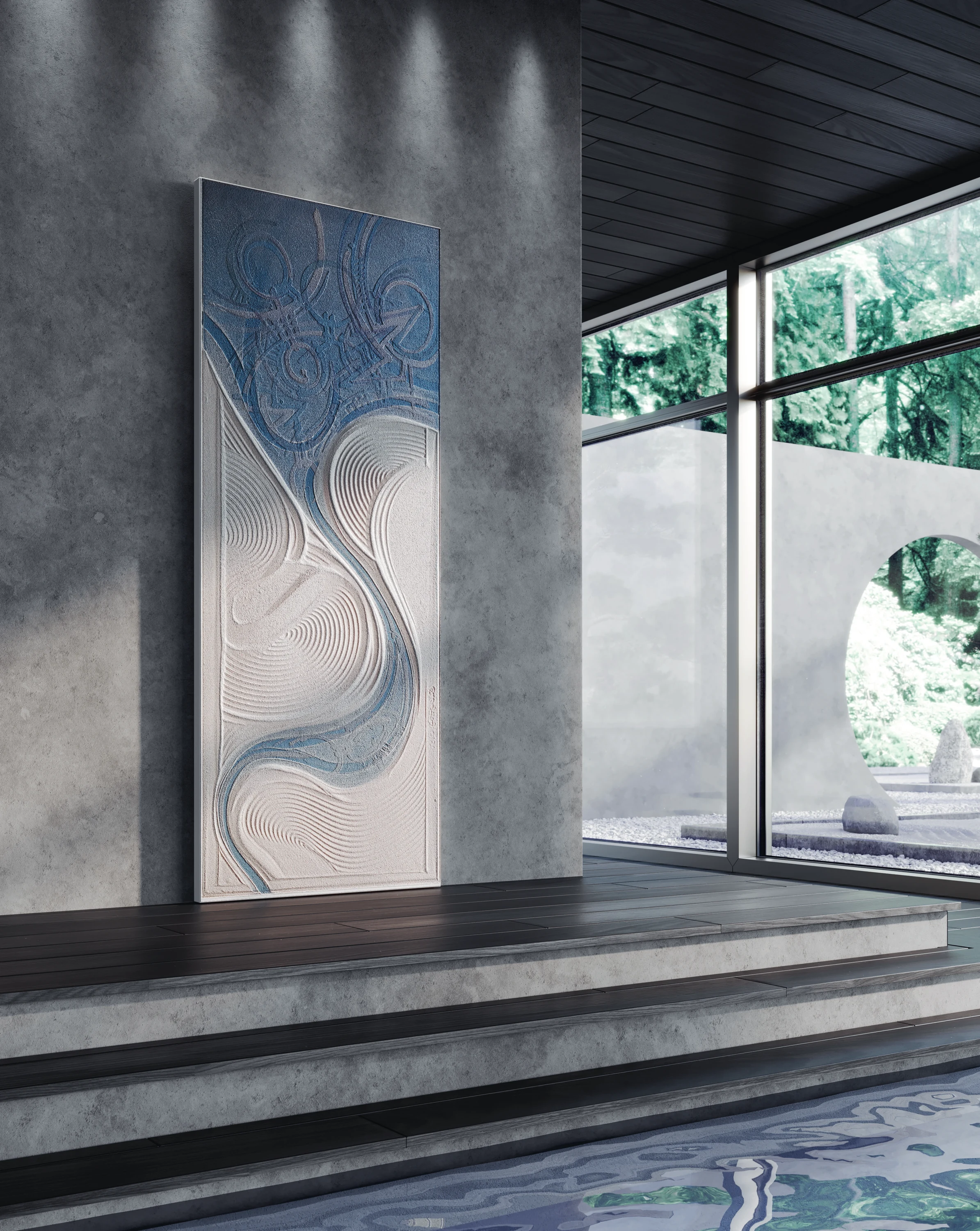 Bertolotto Casa Zen: blue sand-sculpted door in an interior