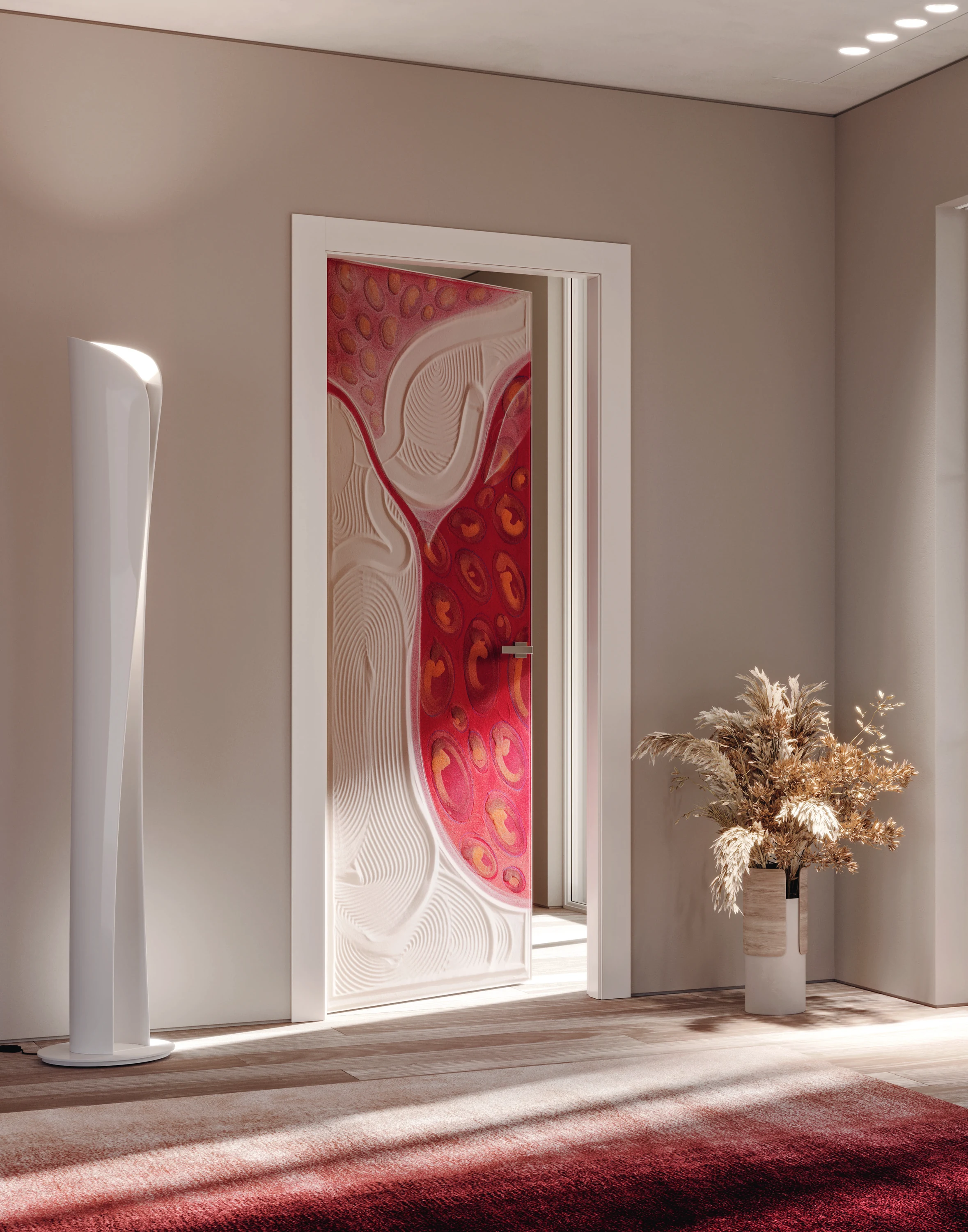 Bertolotto Casa Zen: pink sand-sculpted door in an interior