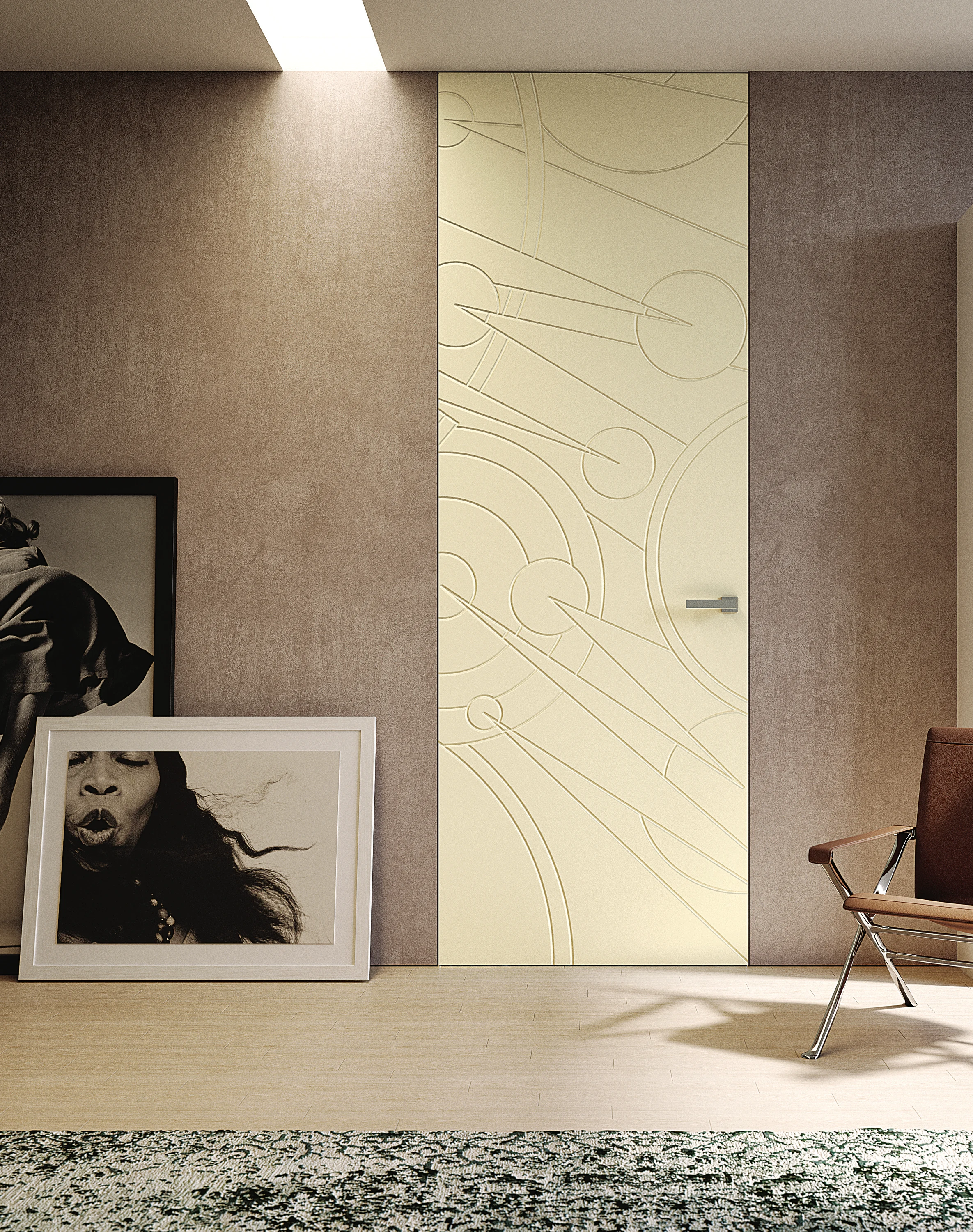 Bertolotto Costellazioni: incised door in a yellow interior
