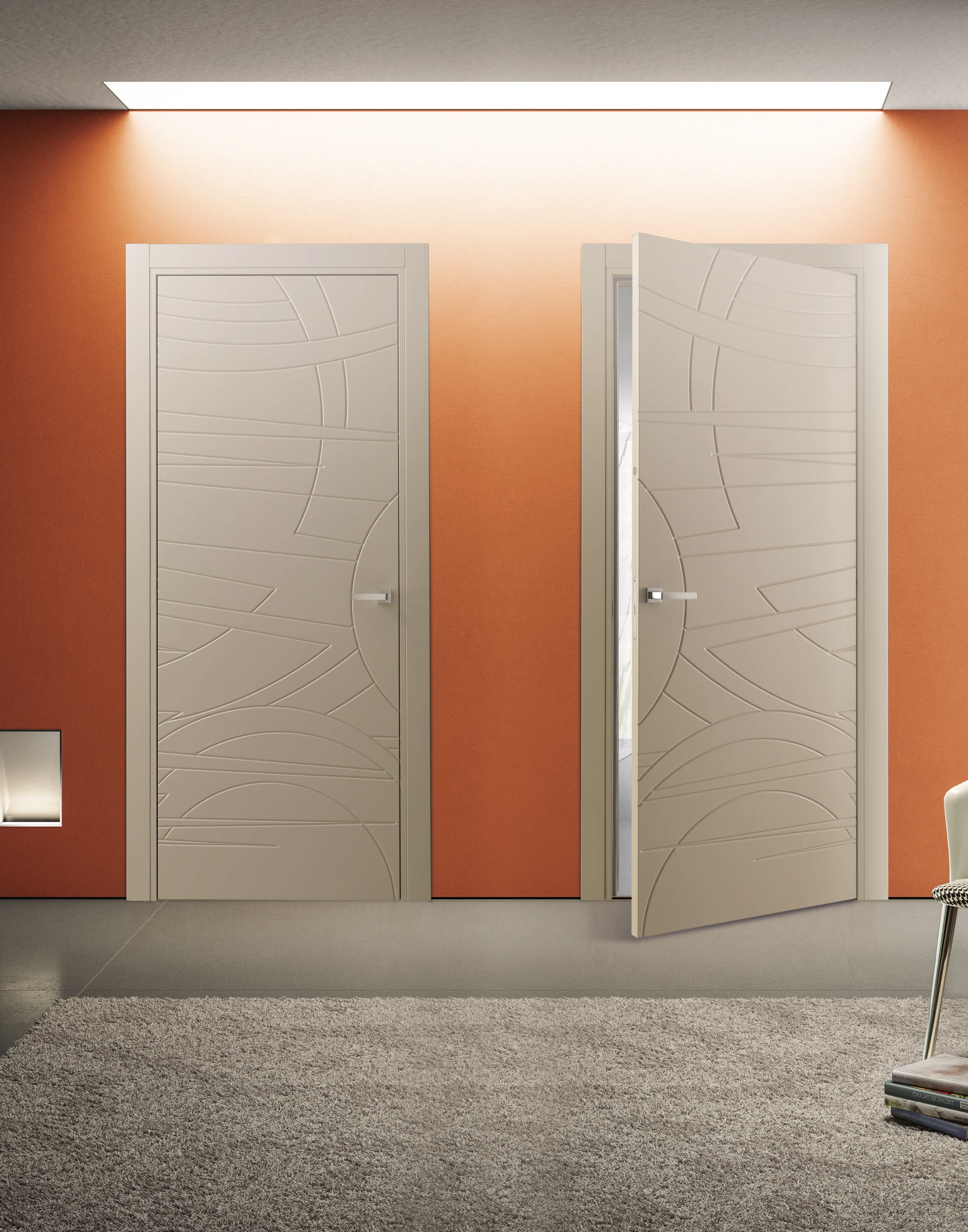 Bertolotto Costellazioni: geometric doors in a warm-toned room