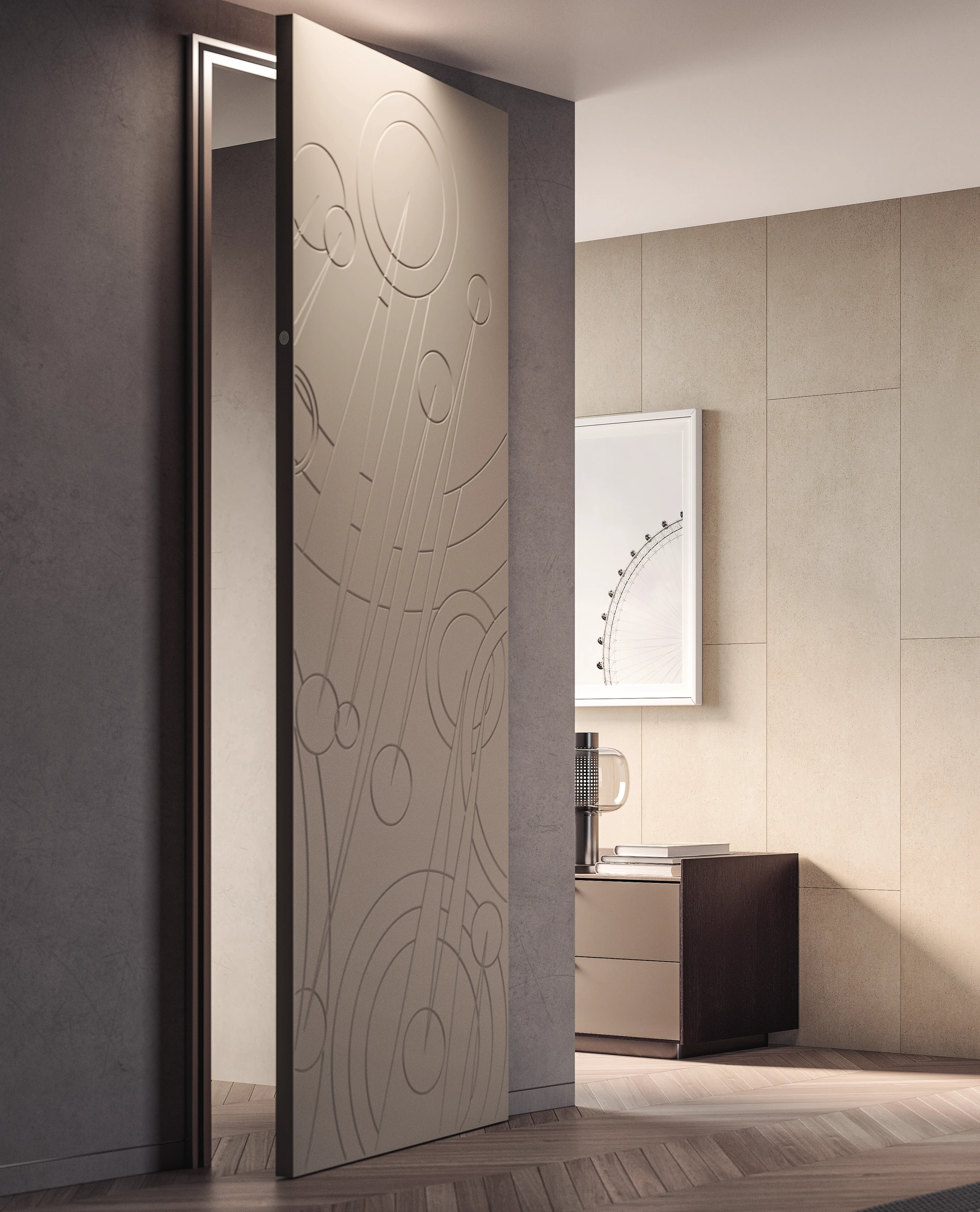 A Costellazioni door with an incised circular pattern, standing open in an interior.