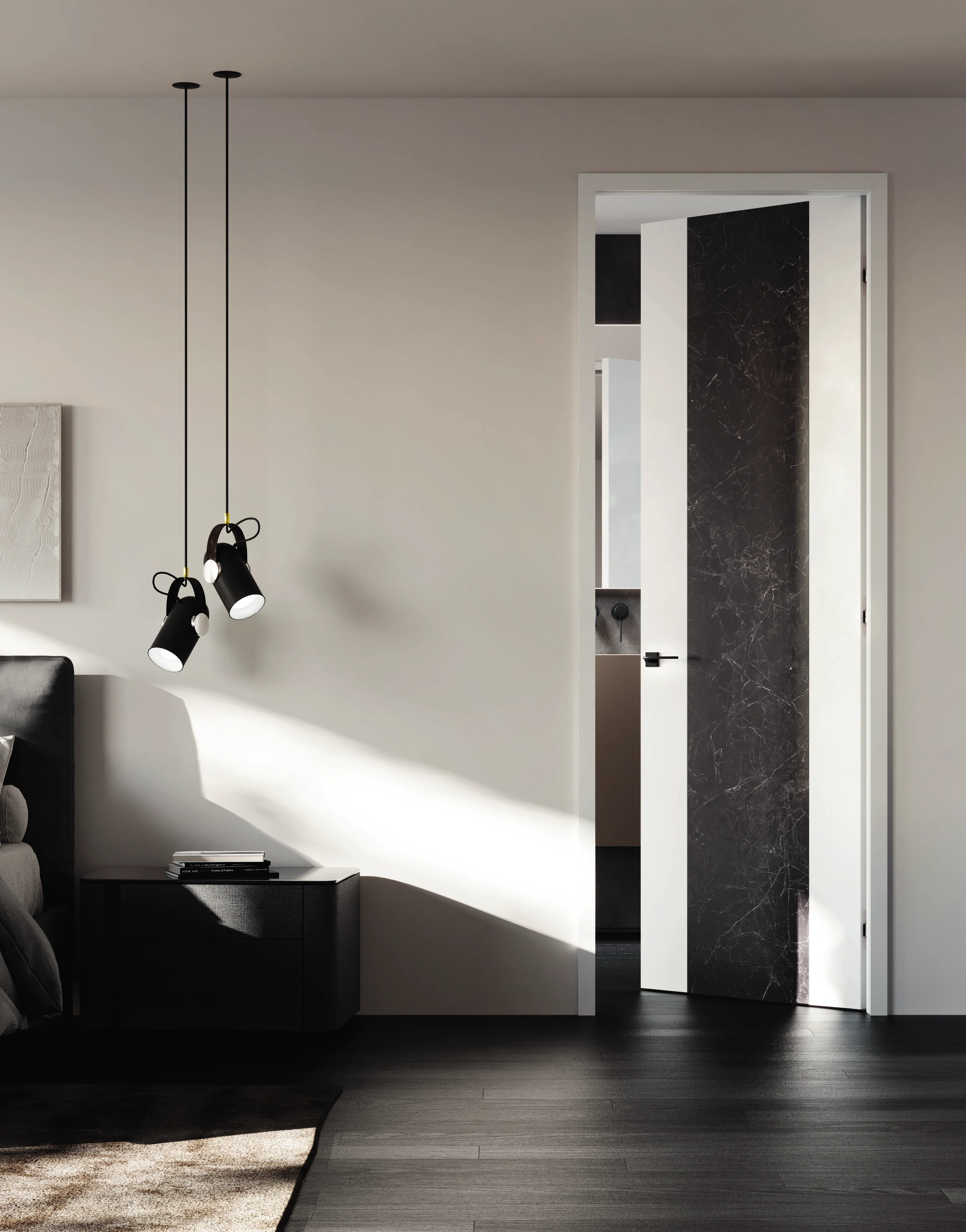 Bertolotto Fusion: dark ceramic and lacquered door standing open