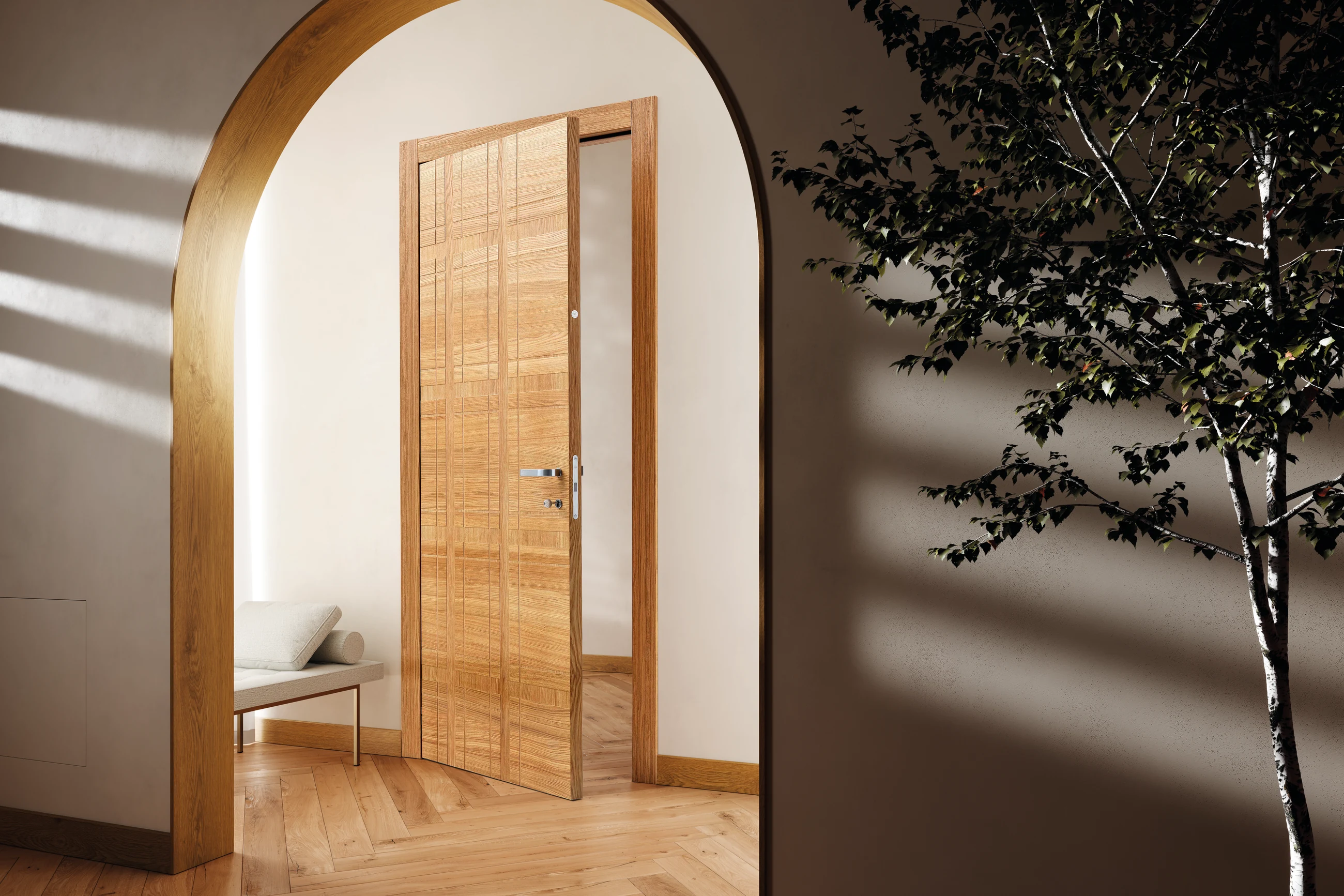 Bertolotto Intalya: natural oak door in an interior with an arched opening