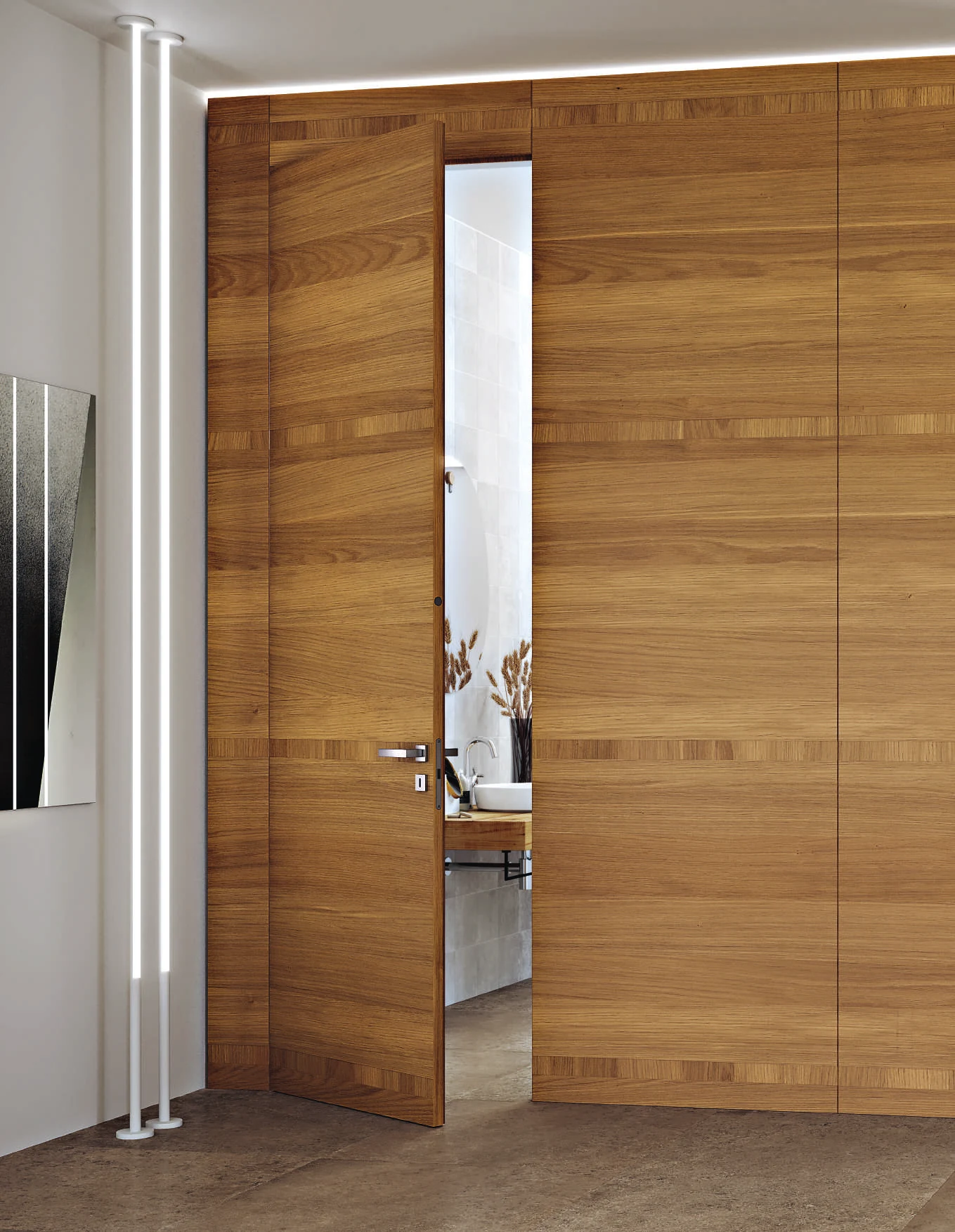 Bertolotto Intalya: carved oak door open within wall panels