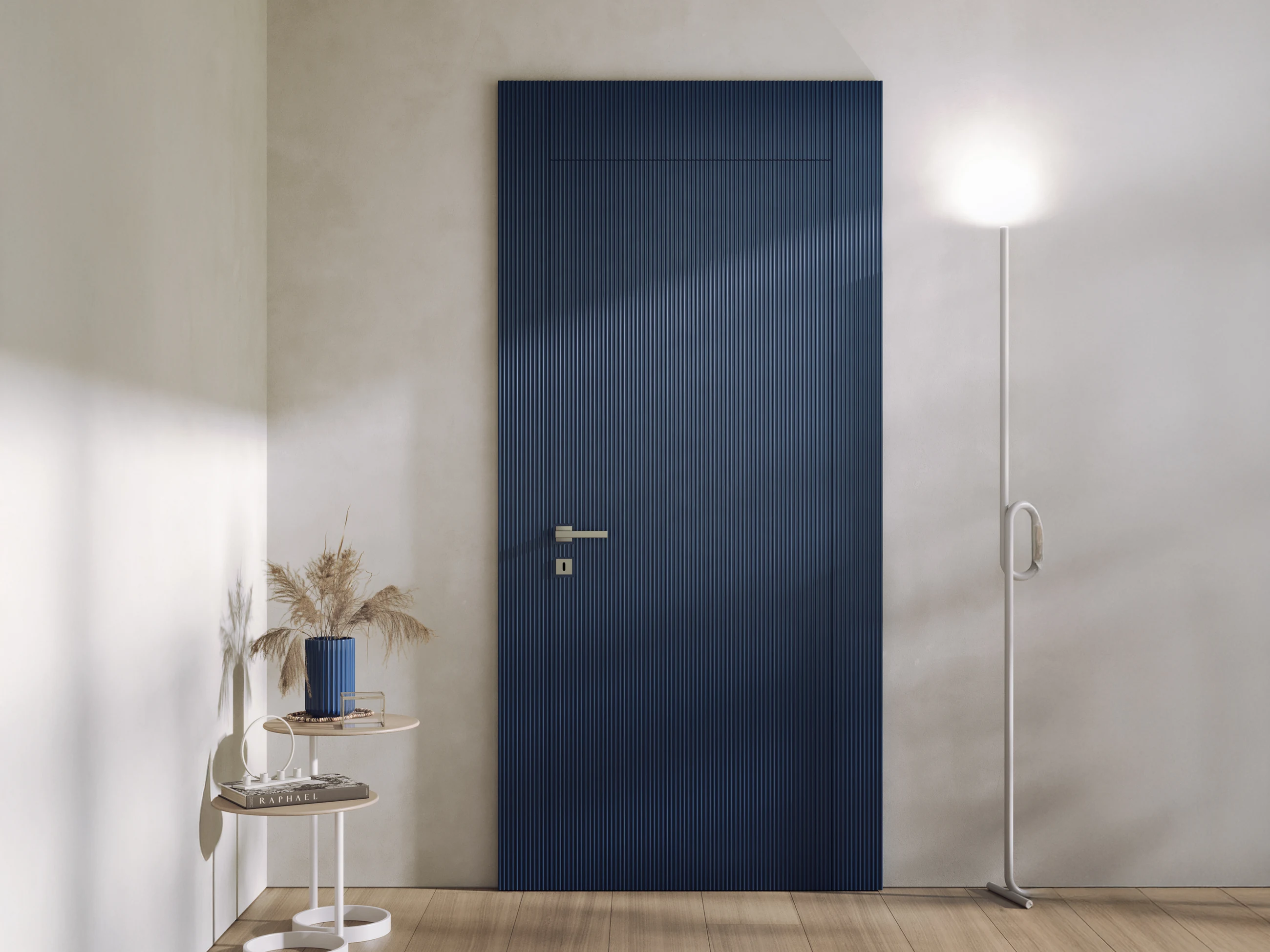 Bertolotto Millerighe: blue lacquered door with fine vertical grooves