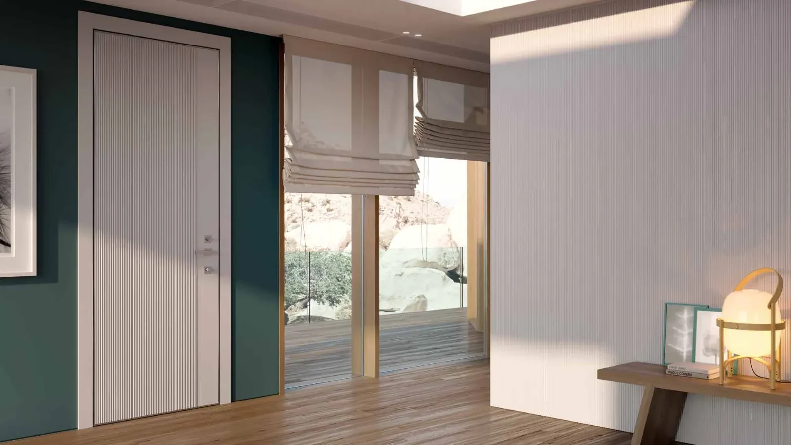 Bertolotto Millerighe: grooved door open within matching wall panels