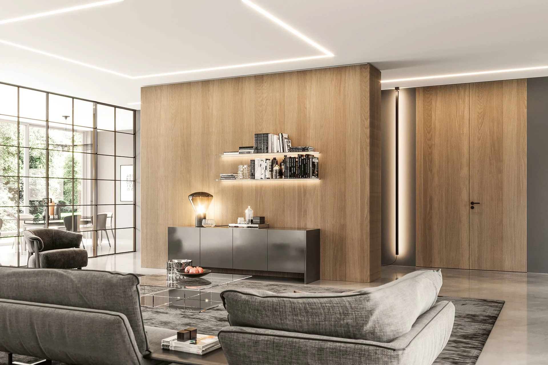 Bertolotto Millerighe: grooved oak wall panels and concealed door