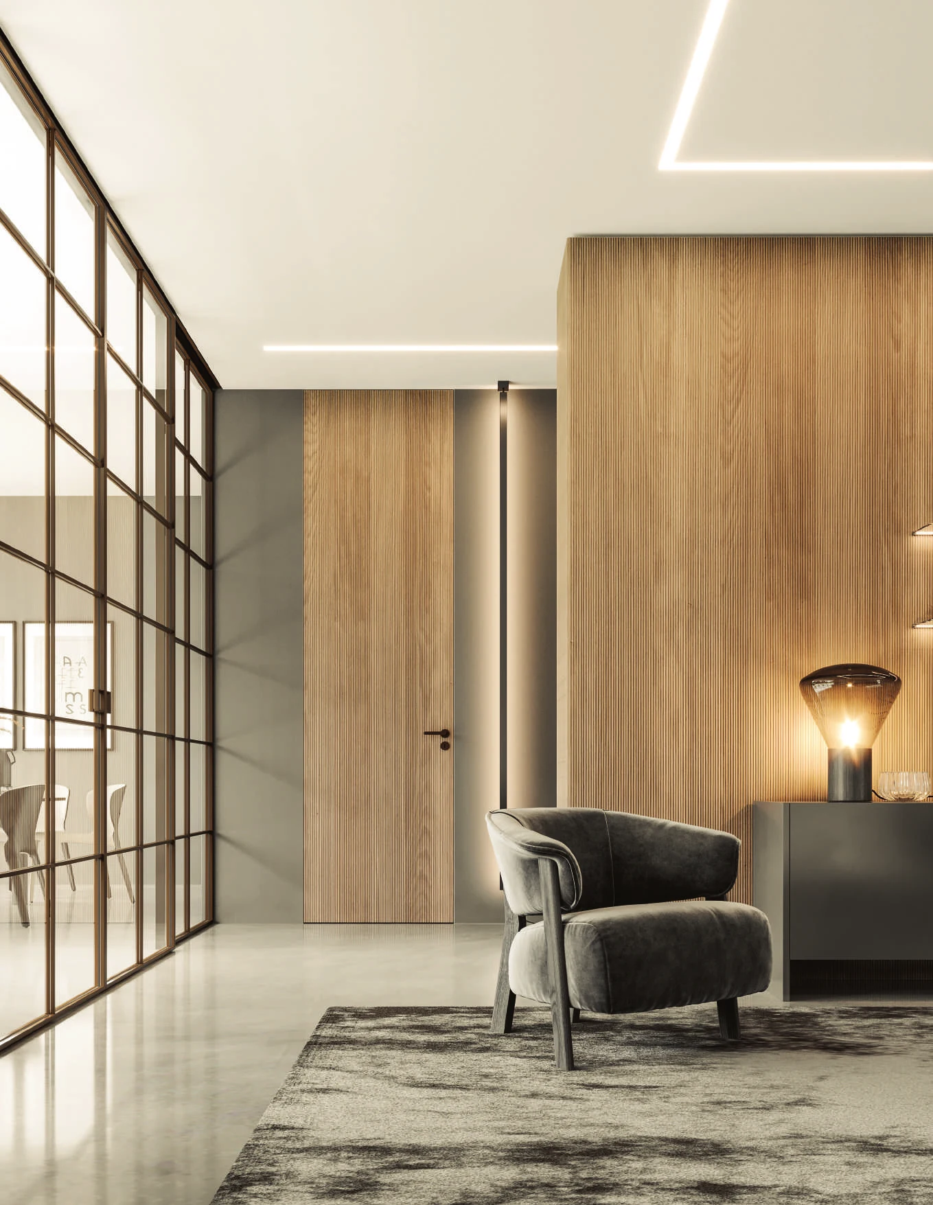 Bertolotto Millerighe: grooved oak door in a room