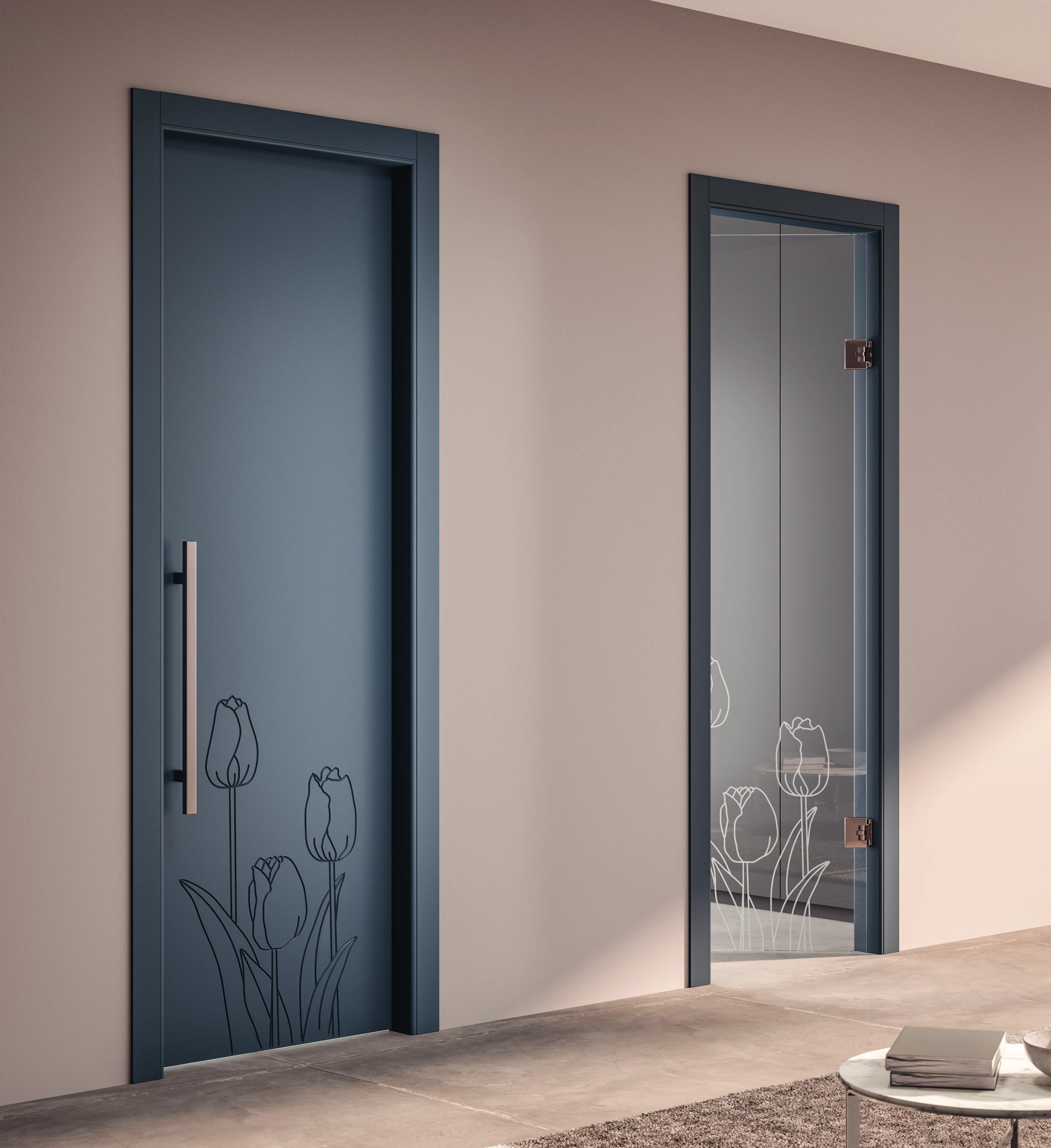 Bertolotto Natura: dark blue lacquered door with botanical decoration