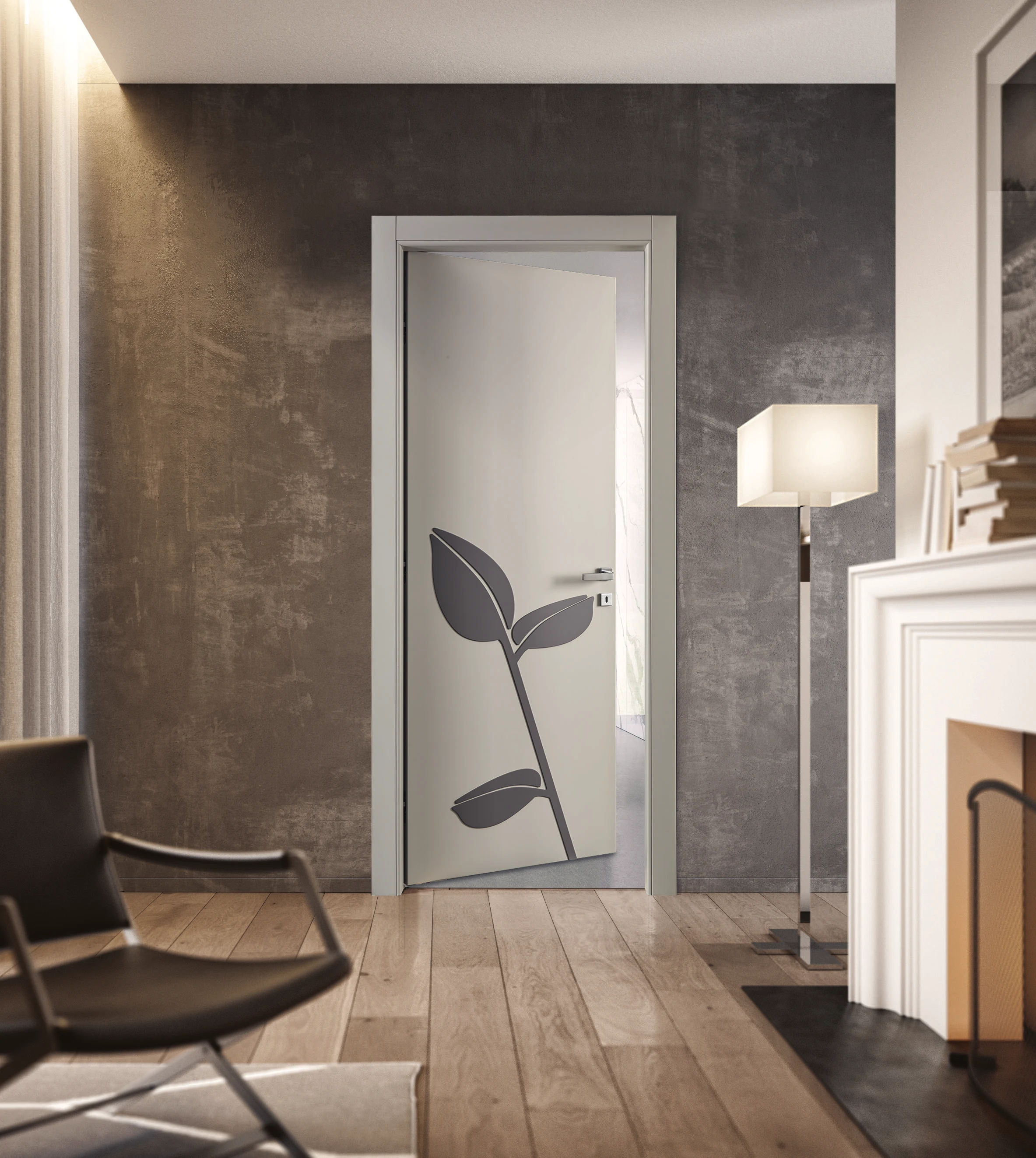 Bertolotto Natura: grey lacquered door with plant drawing