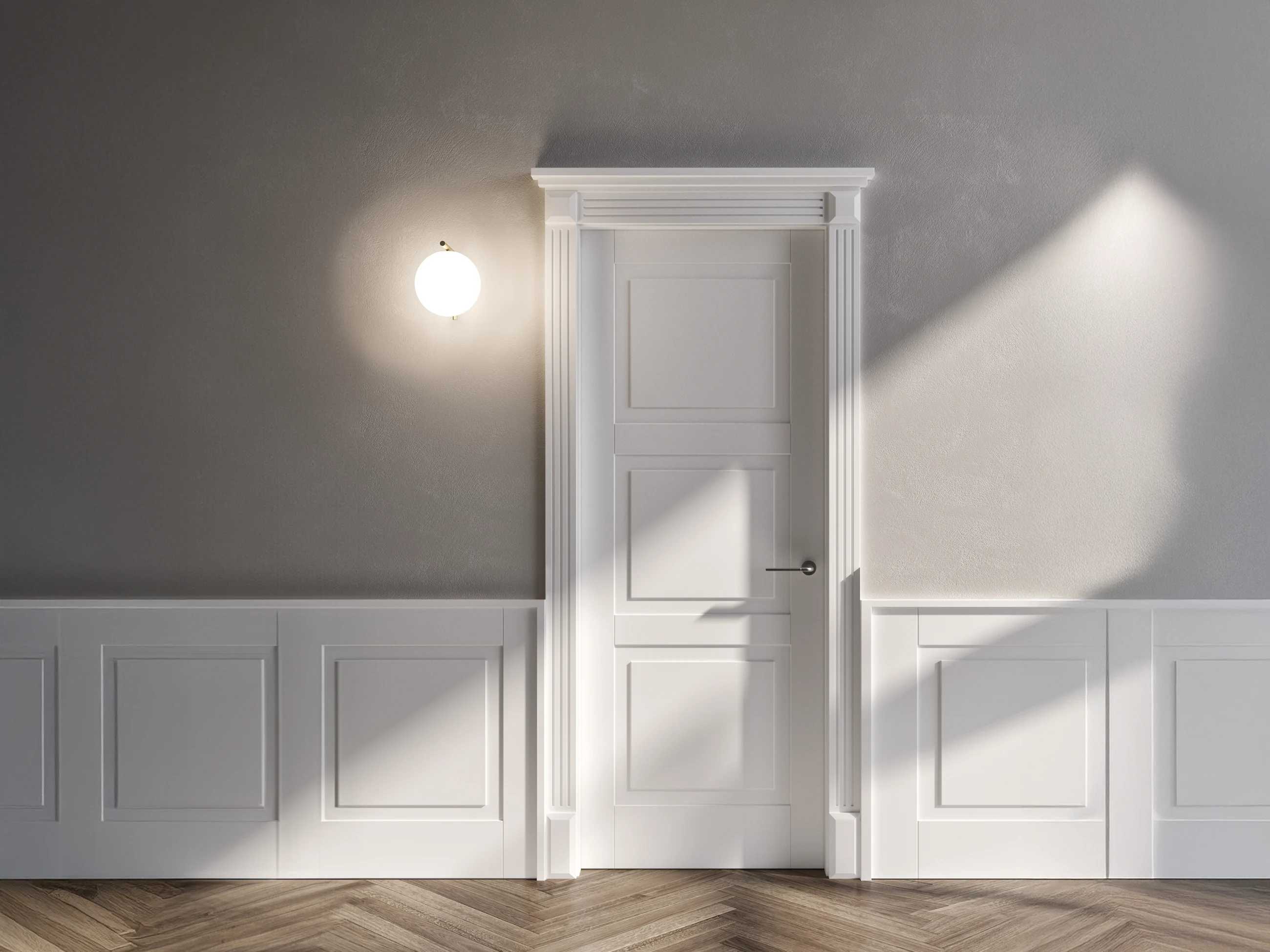 Bertolotto Panto Quadra: white door with stacked square-edged panels and boiserie