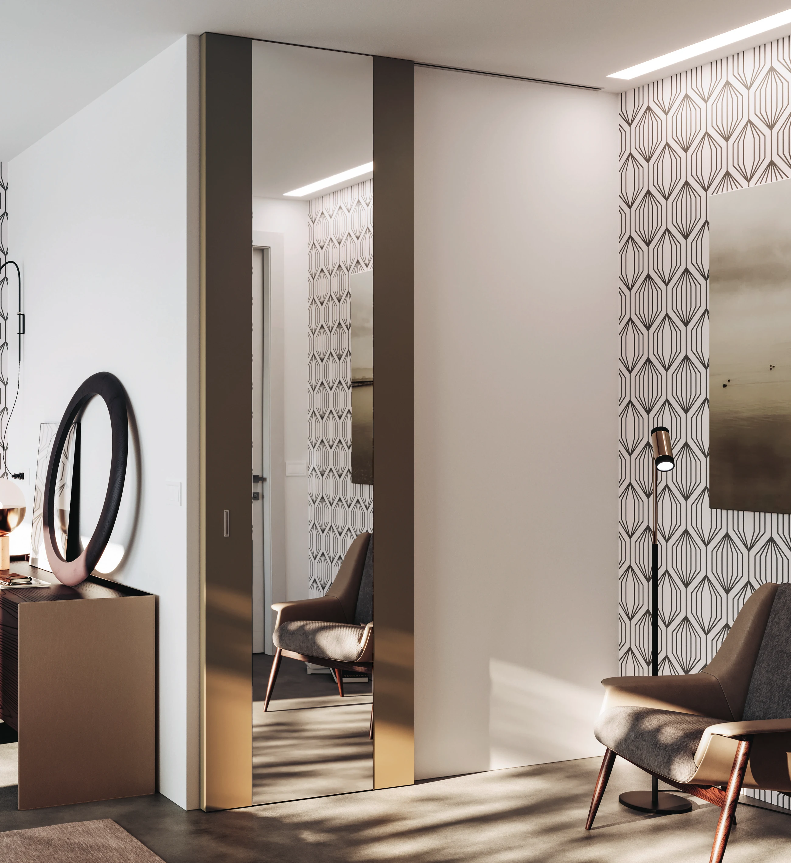 Bertolotto Reflex: bronze-toned mirrored doors in a dressing area