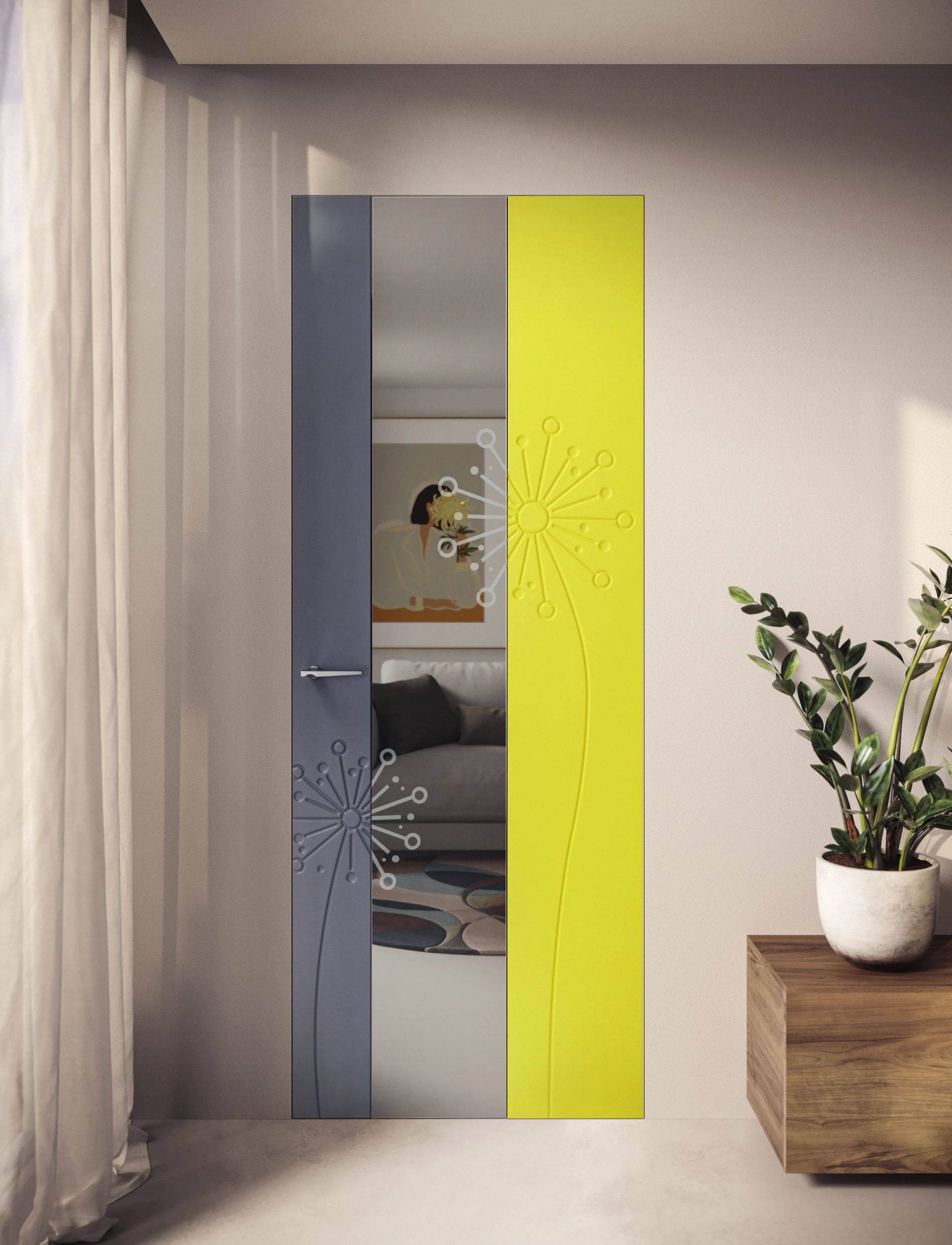 Bertolotto Reflex: mirror inset in a yellow lacquered door