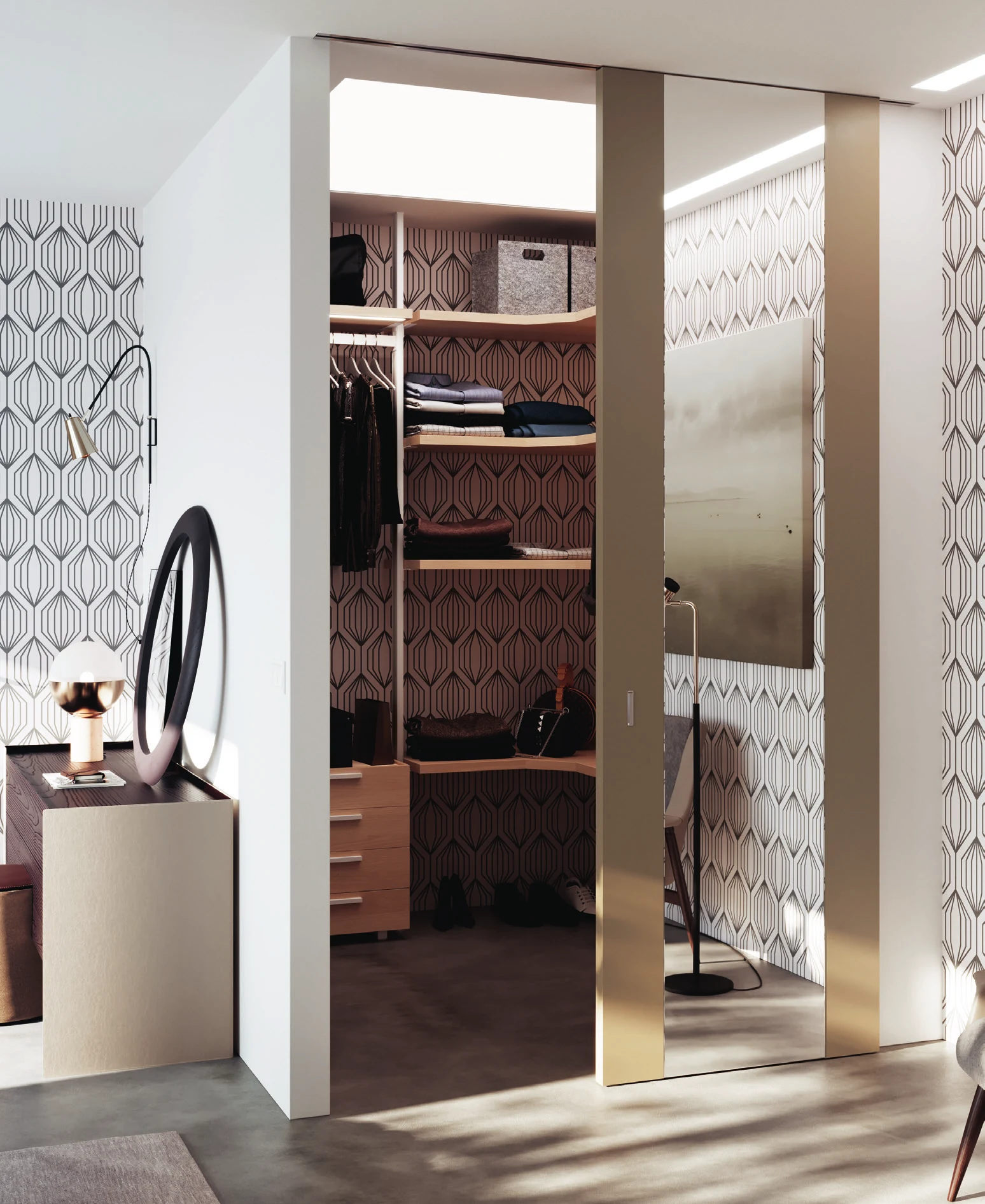 Bertolotto Reflex: mirrored door open to a wardrobe